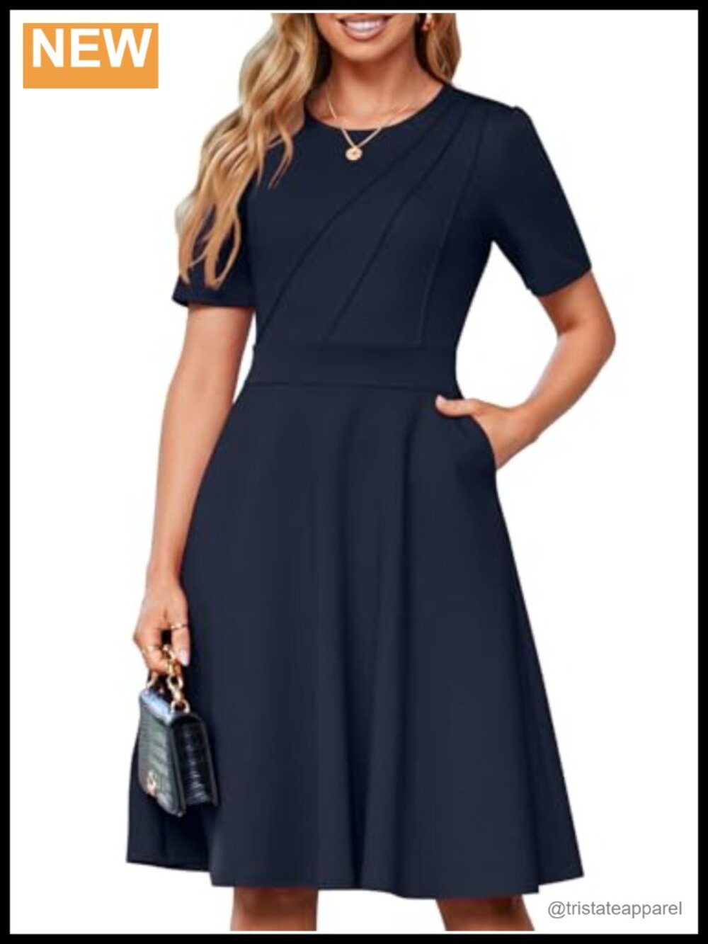 Fit and Flare Business Casual Midi Dress with Pockets A-Line Short Sleeve